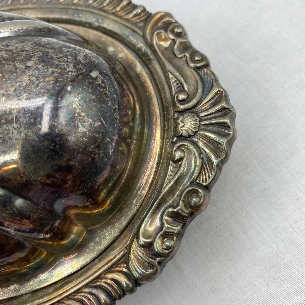 Vintage Sheridan Silver on Copper Oval Butter Dish Glass Insert Silverplate 9in